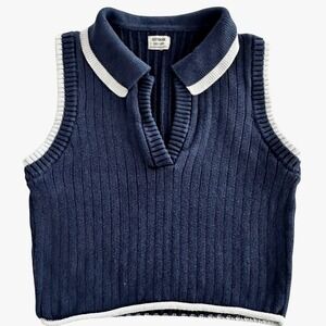 Cotton On Women's XXSP Navy Blue Ribbed Knit Sweater Vest Cropped White Trim